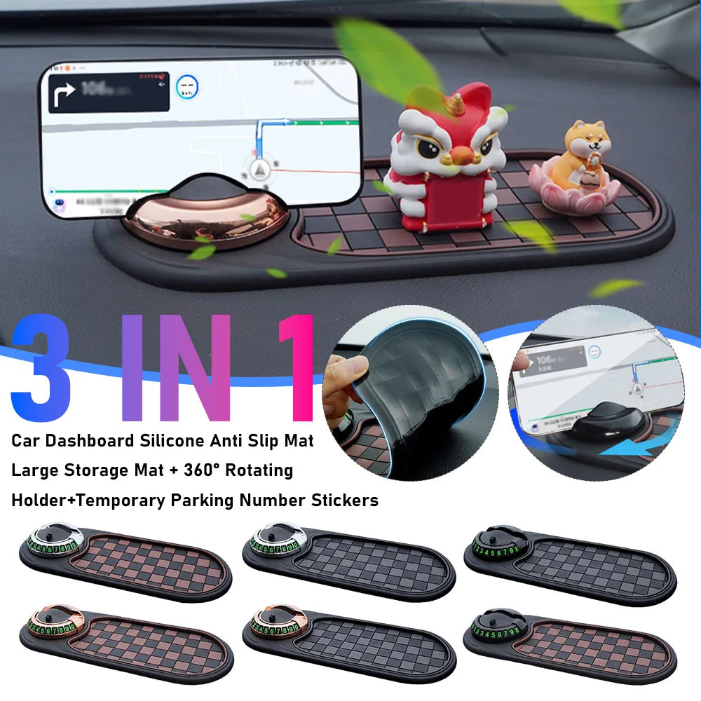 Car Anti-Slip Dashboard Mat with 360° Rotating Phone Holder – Multi-Functional Storage Pad for Navigation & Small Items